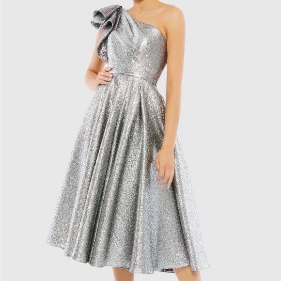 Silver One Shoulder Bow Midi Dress - Picture 1 of 9